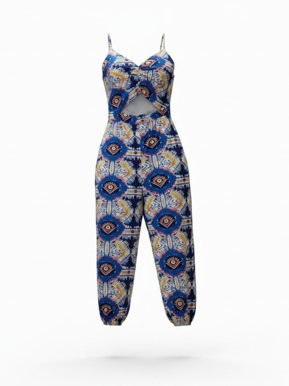 Printed Blue Cutout Spaghetti-Strap Jumpsuit